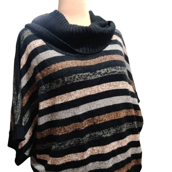 Faded Glory XXL Black Tan Gray Striped Knit Cowl Neck Batwing Sleeve Sweater - Picture 2 of 8